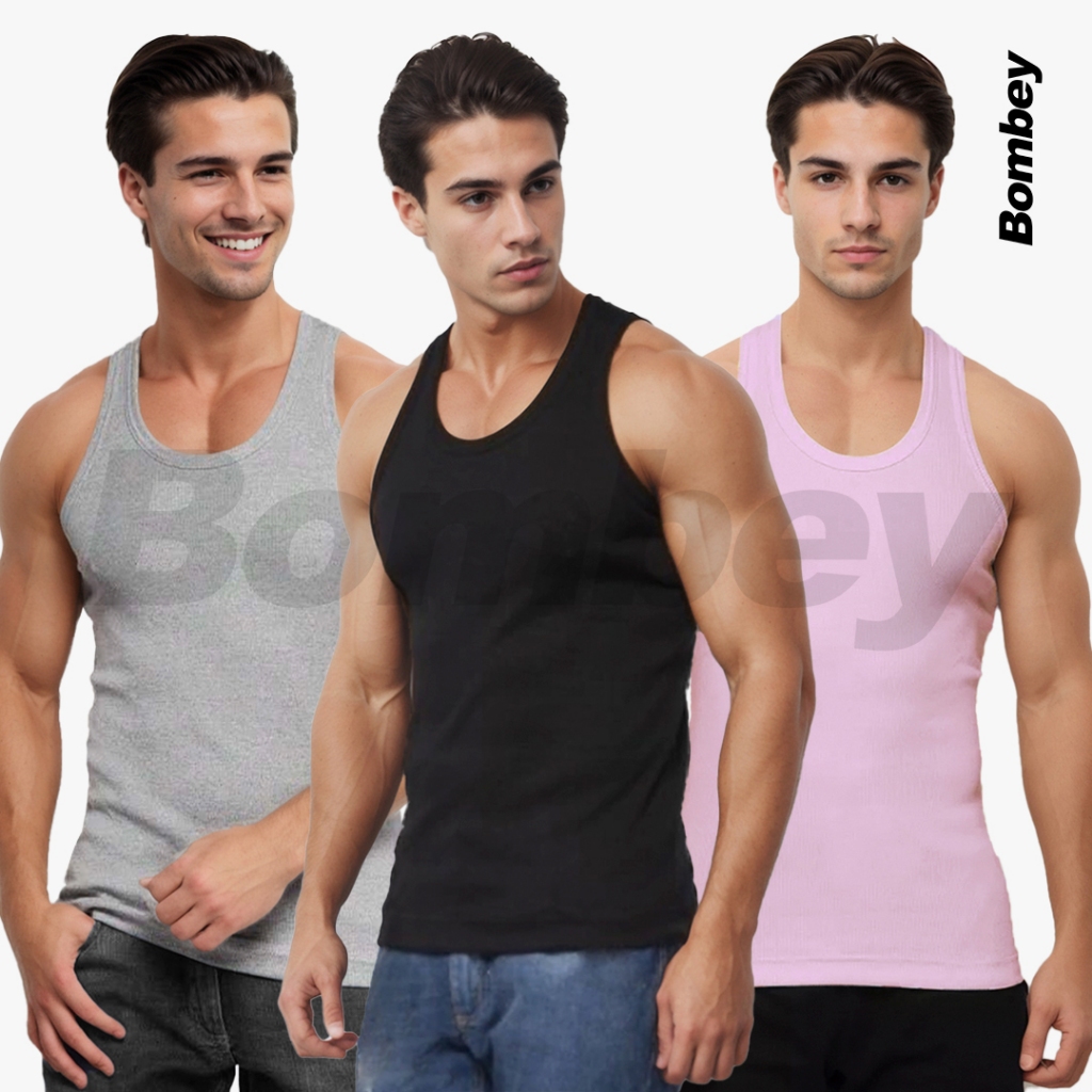 Kit 3 Regatas Masculina Preta + Mescla + Cores Tank Modelo Americano Ribana Algodão Elastano