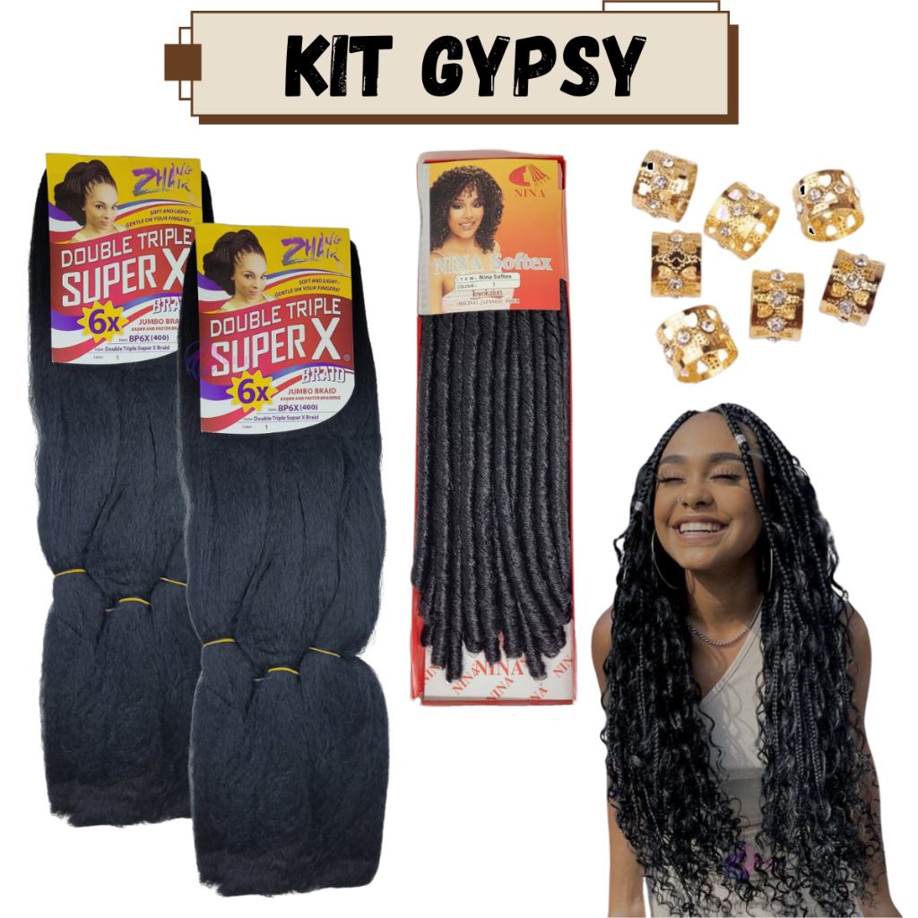 Kit 2 Cabelo Jumbo Jumbão Gypsy Braids Super X Kanekalon Tranças + Nina Softex + Anéis em Oferta na Shopee