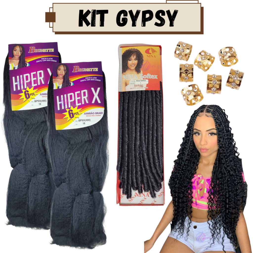 Kit 2 Cabelo Jumbo Jumbão Gypsy Braids Hiper X Tranças Dread  + Cachos Nina Softex + Anéis