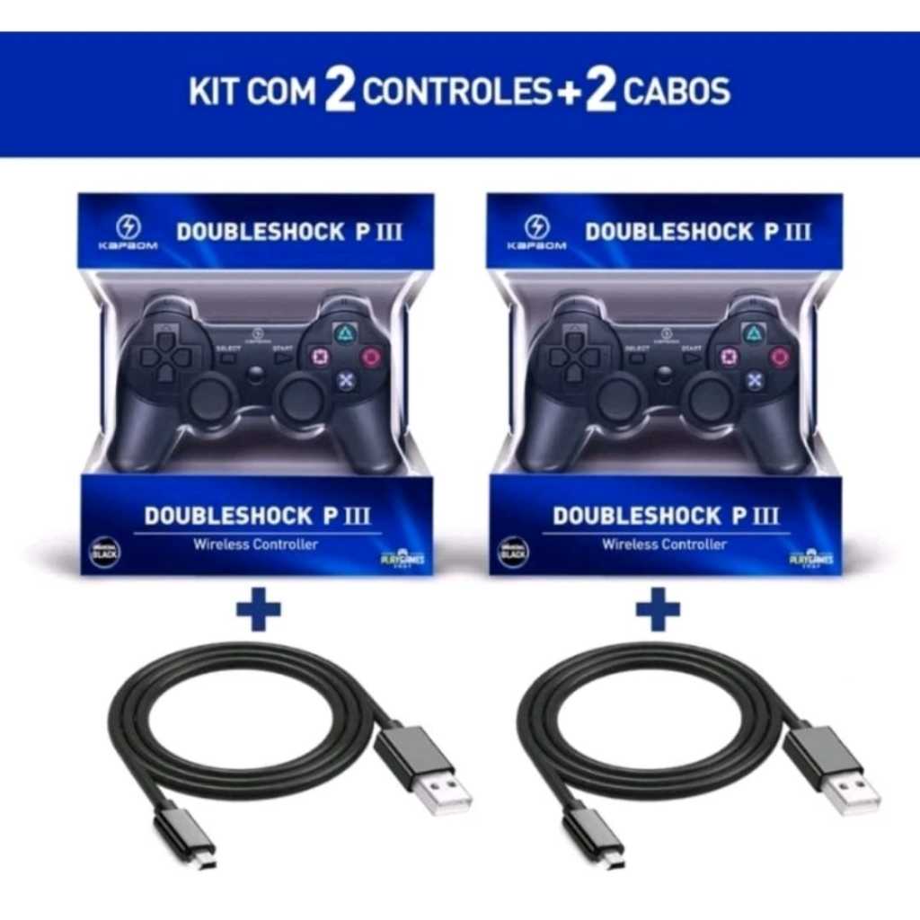 Kit Controles PS 3 Joy Sem Fio + Cabos Carregador Compatível PC e Celular em Oferta na Shopee
