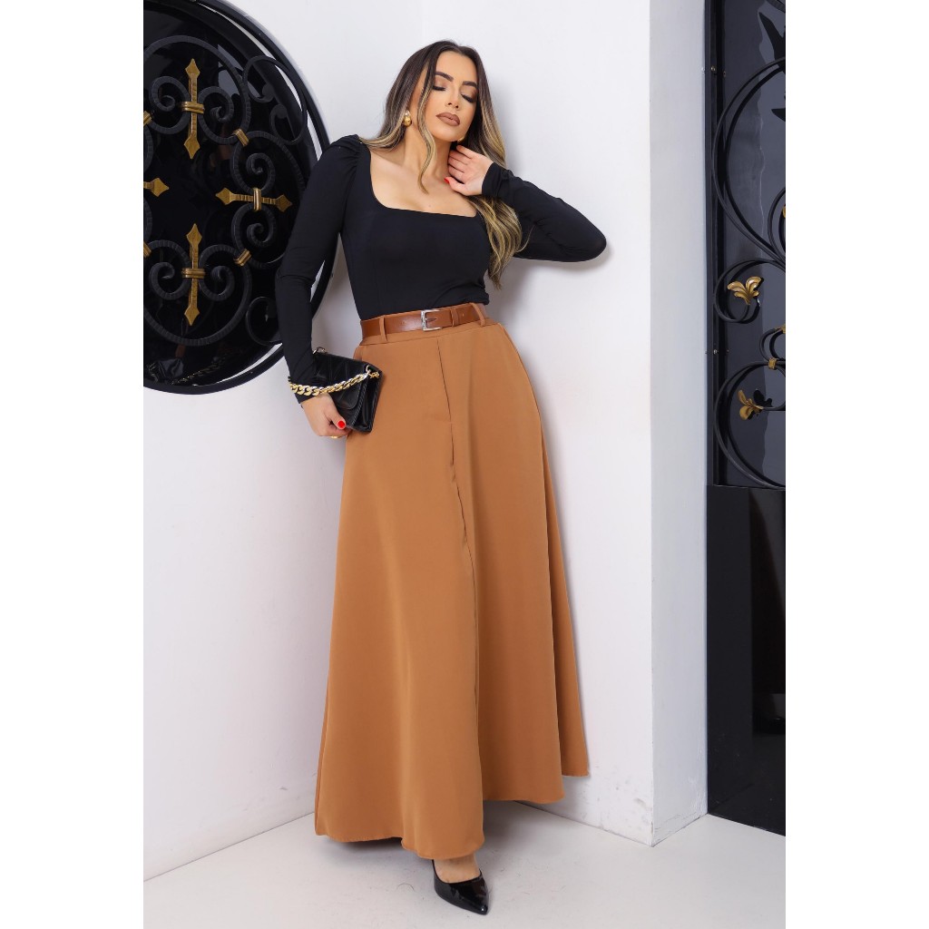 Saia Tecido de Alfaiataria Marrom Bege escuro Longa com Cinto Marrom Viscose lisa Godê Evasê Rodada Transpassada social 3 marias moda evangélica Elegante Congresso Igreja