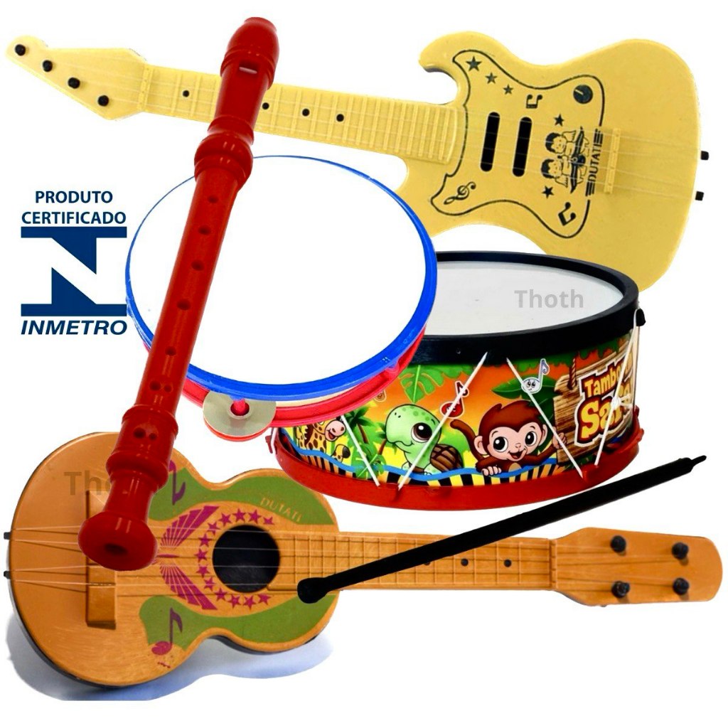 Kit Musical Brinquedos Educativo C/5 Instrumentos Tambor Violão pandeiro Flauta Infantil