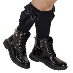 kit Bota Feminina Infantil Bota Coturno E Meia 3/4 Infantil Menina Meia Festa Laço