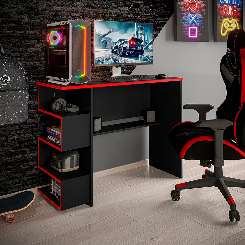 Mesa Para Computador Gamer Elite – Escrivaninha Com Nicho Preto e Vermelha