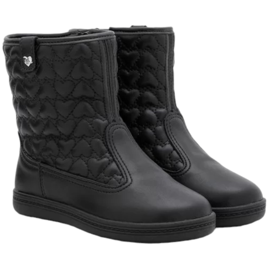 Bota Coturno Molekinha Infantil Napa Berlim Pele Stech Charme Detalhe Corações Preto Cano Médio