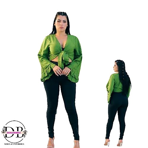 Blusa Cropped Manga Longa Flare Feminina Viscose Moda Plus Size P Ao Xg Laço Amarrar 09