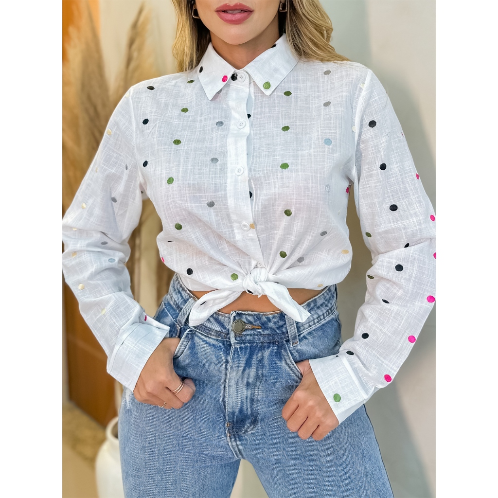Camisa Feminina Social bolinha Longa Lisa Moda 3RD SD872