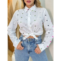 Camisa Feminina Social bolinha Longa Lisa Moda 3RD SD872