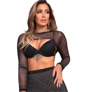 Cropped Bolero Pedraria Tule Transparente Manga Longa Brilho