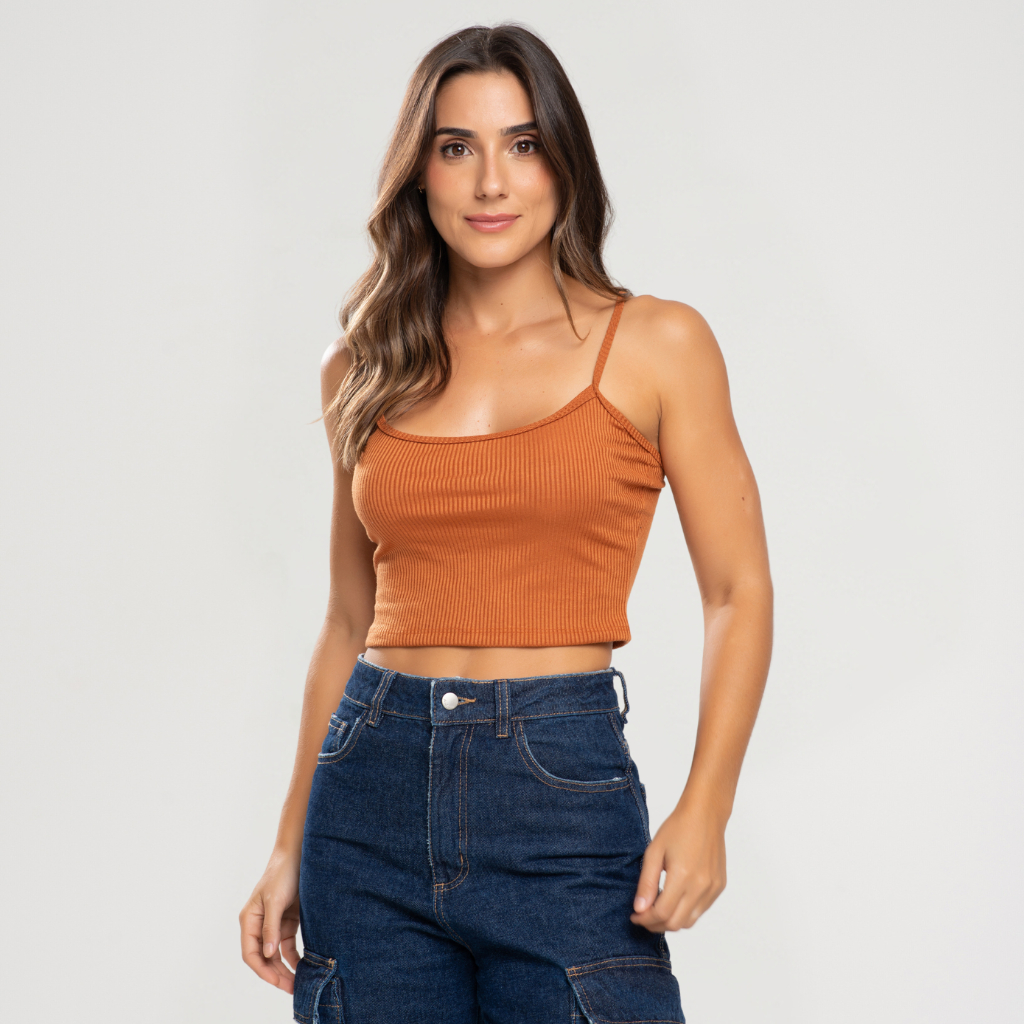 Blusa Feminina Alcinha Cropped Canelado Ribana Moda