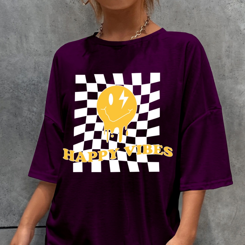 Camisa Quadriculado Emoji Raio Sorriso Personalizada Academia Blusa Oversized Fitness Camiseta Roxa