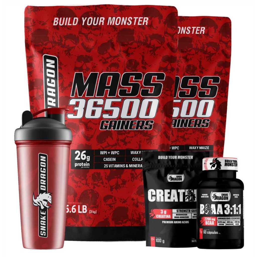 Kit Suplemento Hipercalórico para o Ganho de Massa- 2x Mass 36500 3kg + Creatina 100g + BCAA 3:1:1 + Coq 600ml