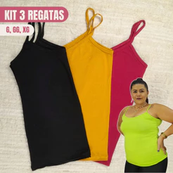kit 3 BLUSA FEMININA REGATA ALÇA FINA EM MALHA TAM G GG XGG G2