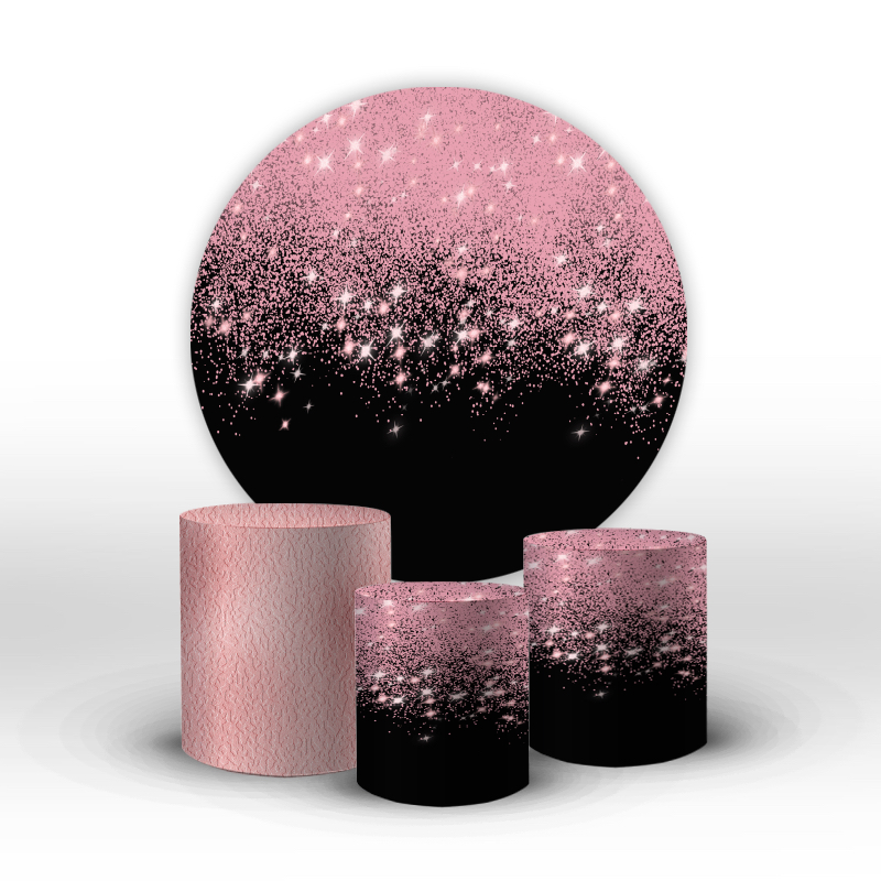 Kit Painel E Trio De Cilindro Glitter Rosa e Preto Tecido Sublimado C/elástico