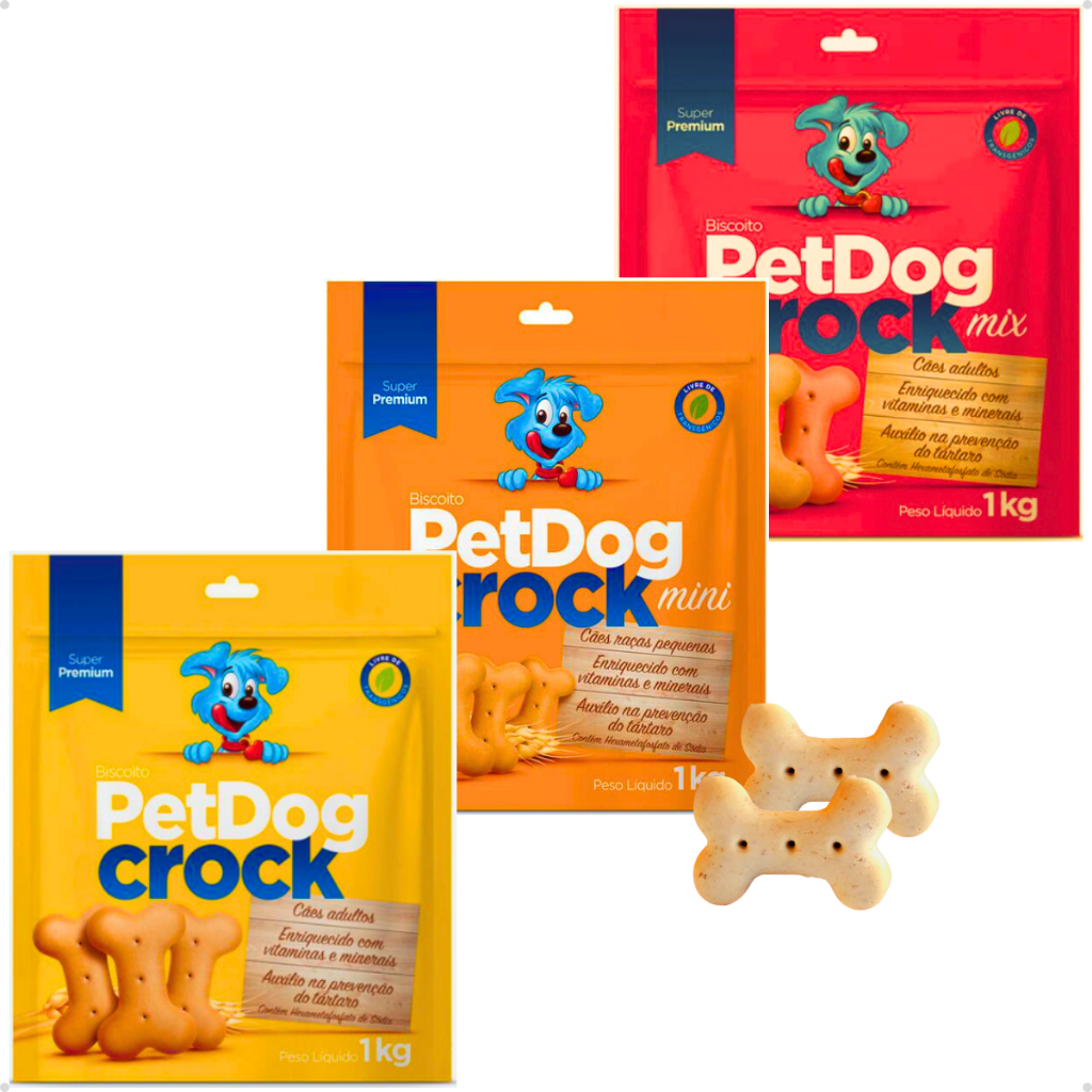 Biscoito Petisco Cachorro PetDog Crock Super Premium Todas as Raças, Pequenas, Médias e Grandes 1Kg