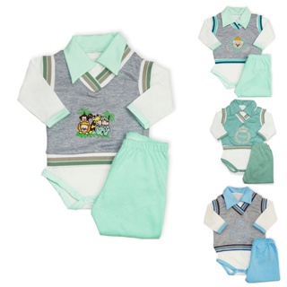 Kit Bebê Menino Pagão Bordado com Body com Gola Calça e Colete em Oferta na Shopee