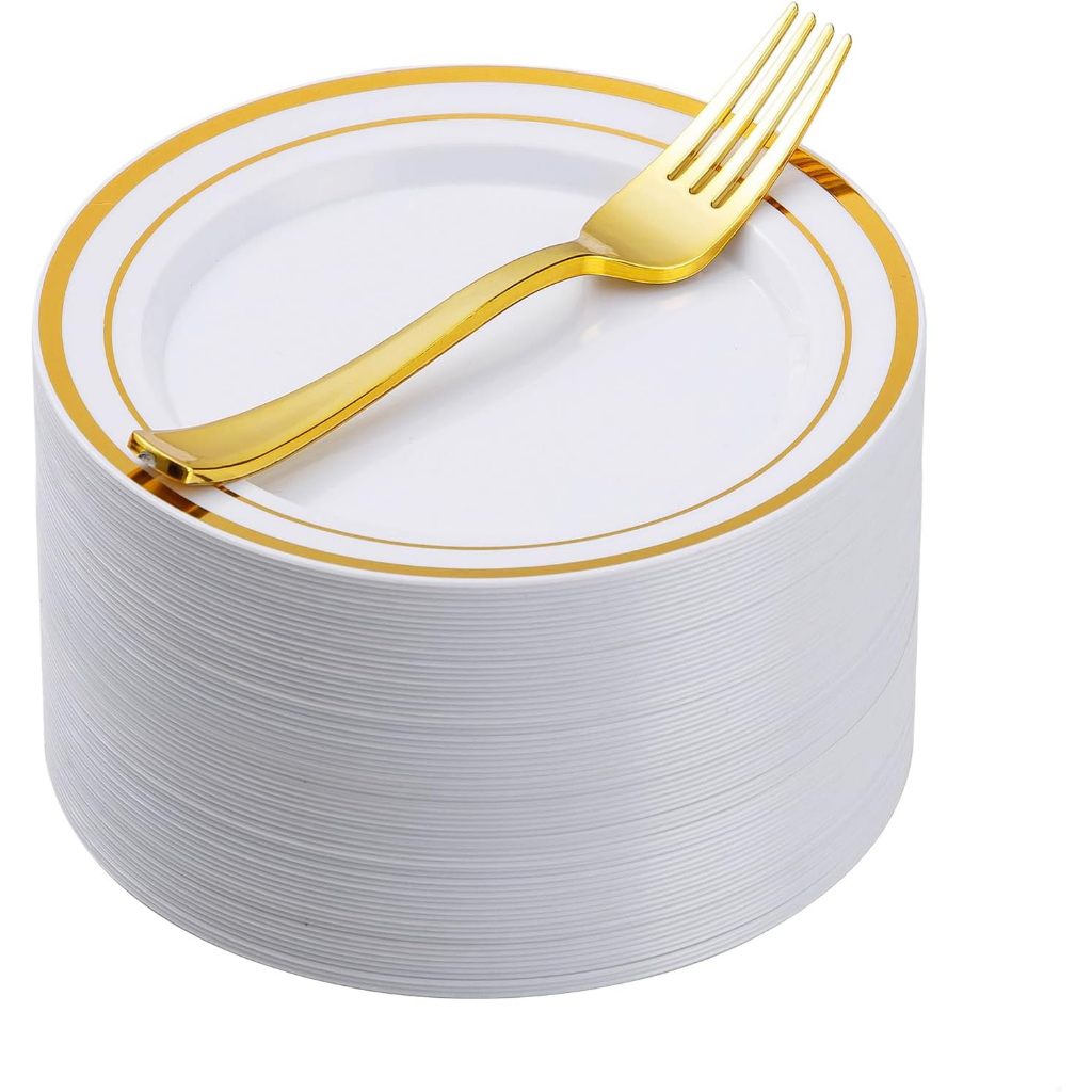 Kit 100 Peças, descartáveis pratos de sobremesa de ouro com garfos de plástico Set, Conjunto de Festas 50Convidados