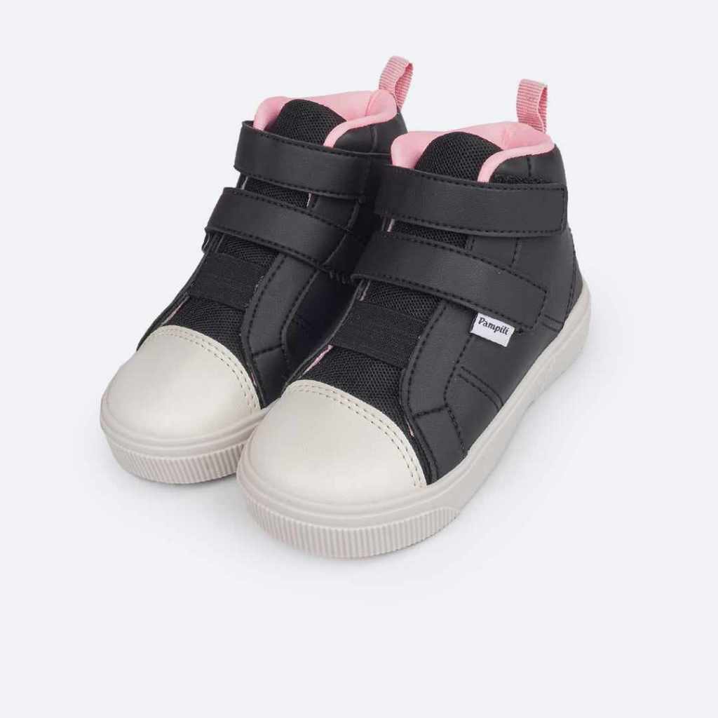 Tênis Cano Médio Infantil Menina Pampili Yumi Velcro Duplo-Preto/Branco/Rosa