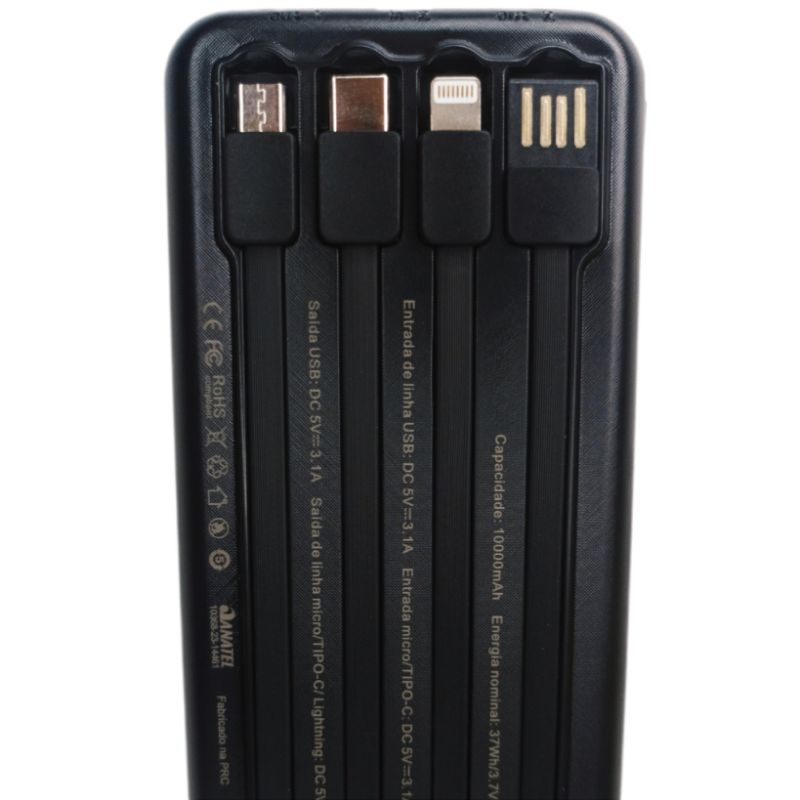 Carregador Portátil Power Bank 10000 mAh AGold BTE-29 Com 4 Cabos Embutidos Lightning, Tipo-C, Micro Usb e USB em Oferta na Shopee