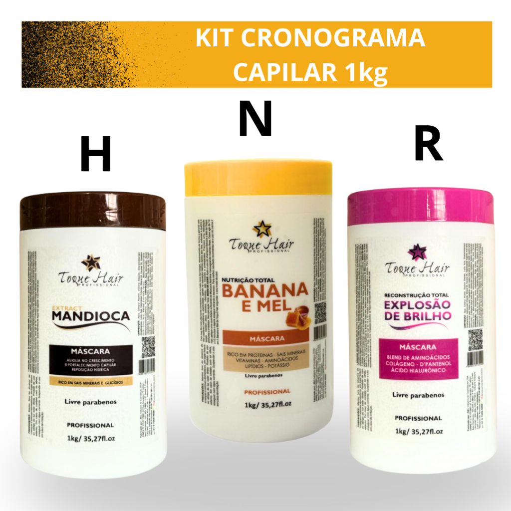 Kit Cronograma Capilar 1Kg Cada - Nutrição - Reconstrução e Hidratação. Explosão de Brilho, Mandioca e Banana e Mel. 3 unidades Porfissional