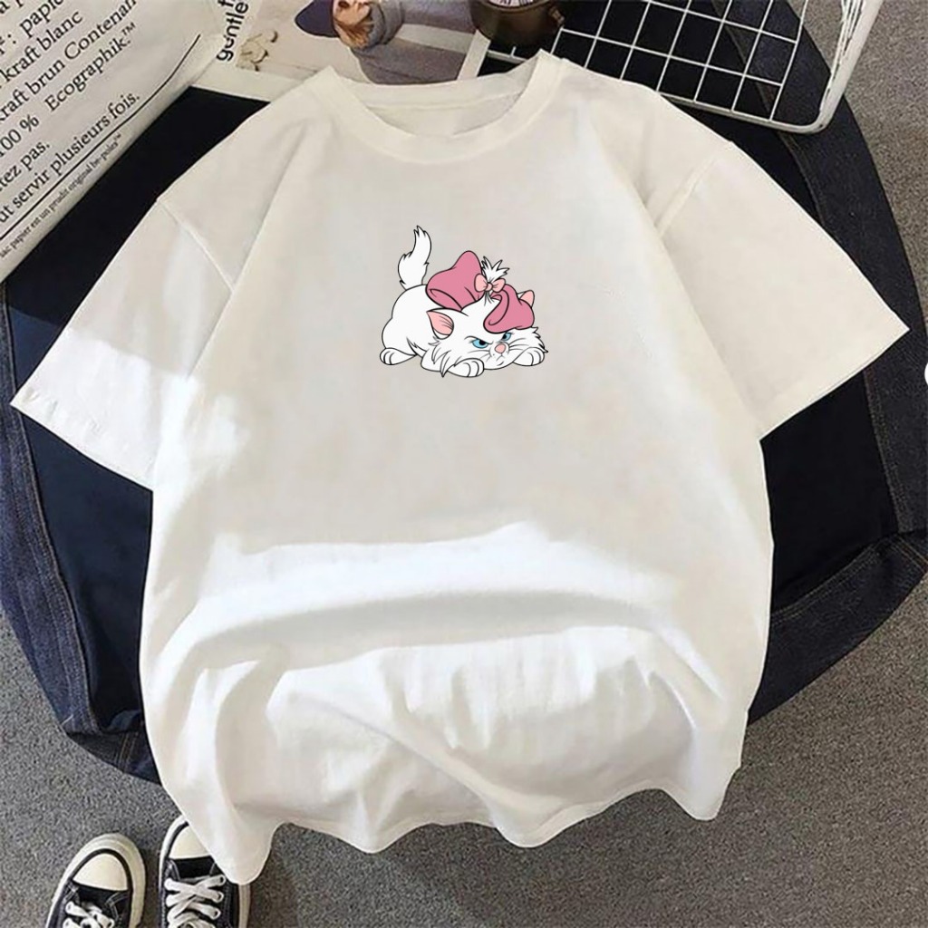 Camiseta Gatinha Laço Rosa Unissex 100% Algodão Estilo Moda Inspiração