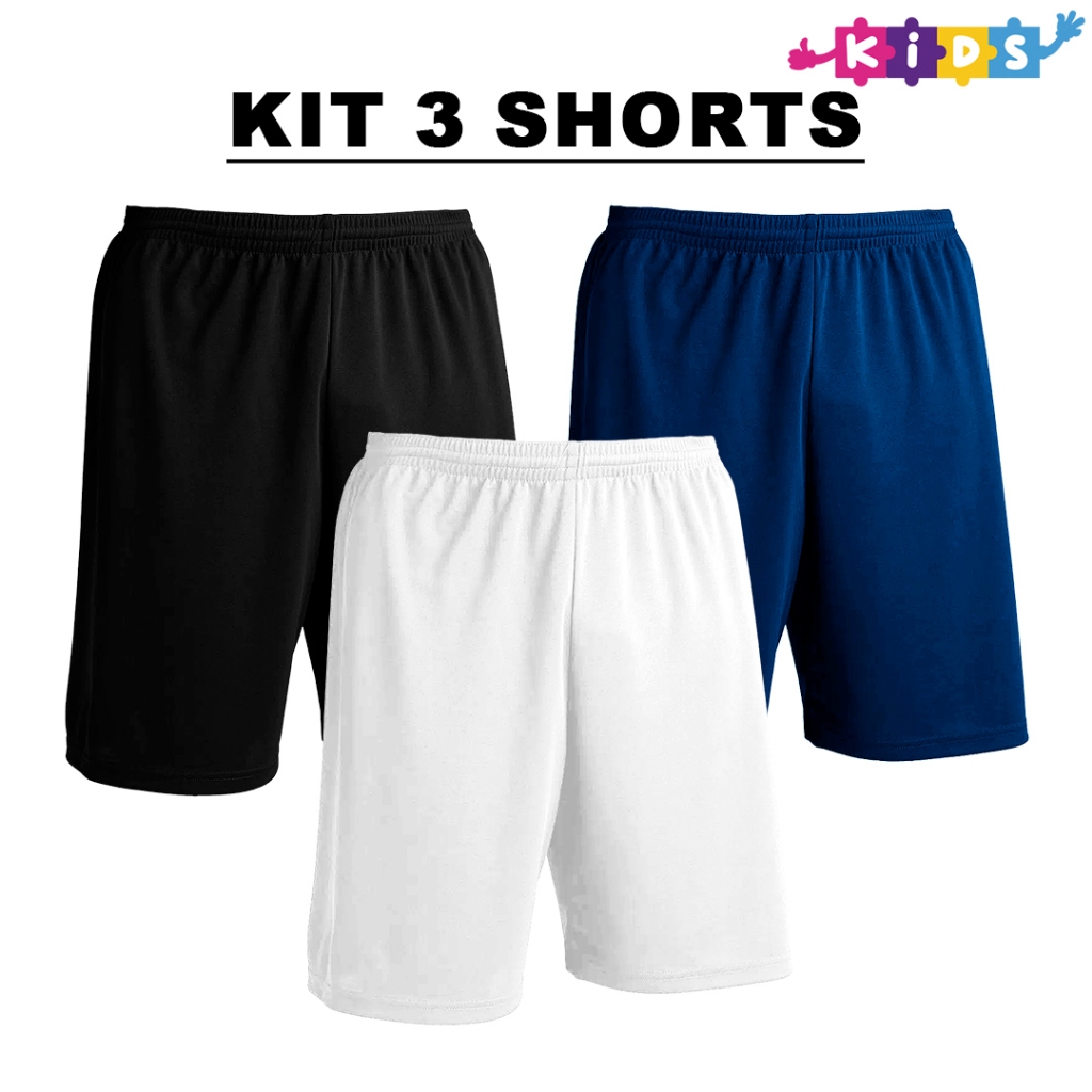 Kit com 3 Bermudas Infantil Preto + Marinho + Cores Crianças Shorts Calção Dry Poliéster Liso em Oferta na Shopee