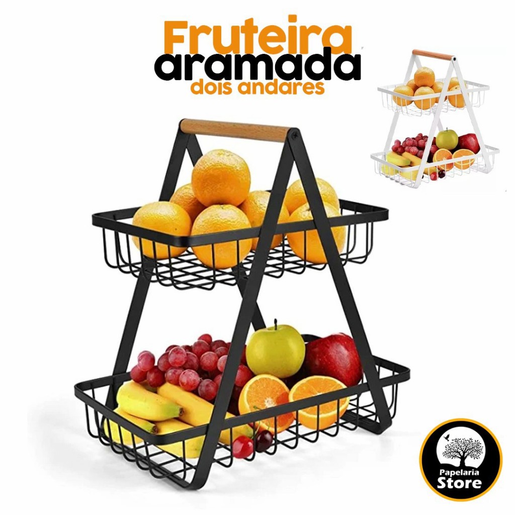 Fruteira De Mesa Aramada Dupla Organizador Cesto Multiuso 2 Andares