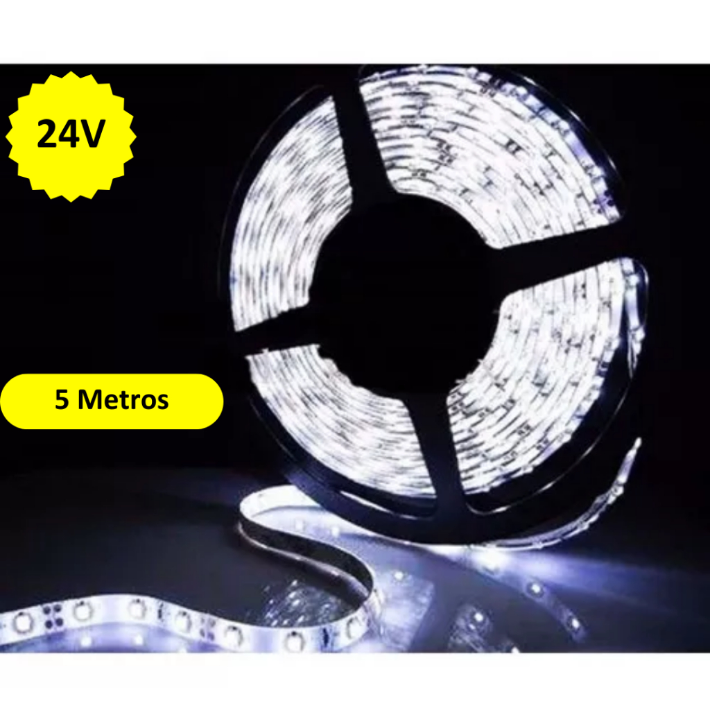 Fita LED 5050 24v BRANCO FRIO 60LED/m Dupla Face 5Mts IP65 Para Caminhão Ônibus Trenzinho em Oferta na Shopee