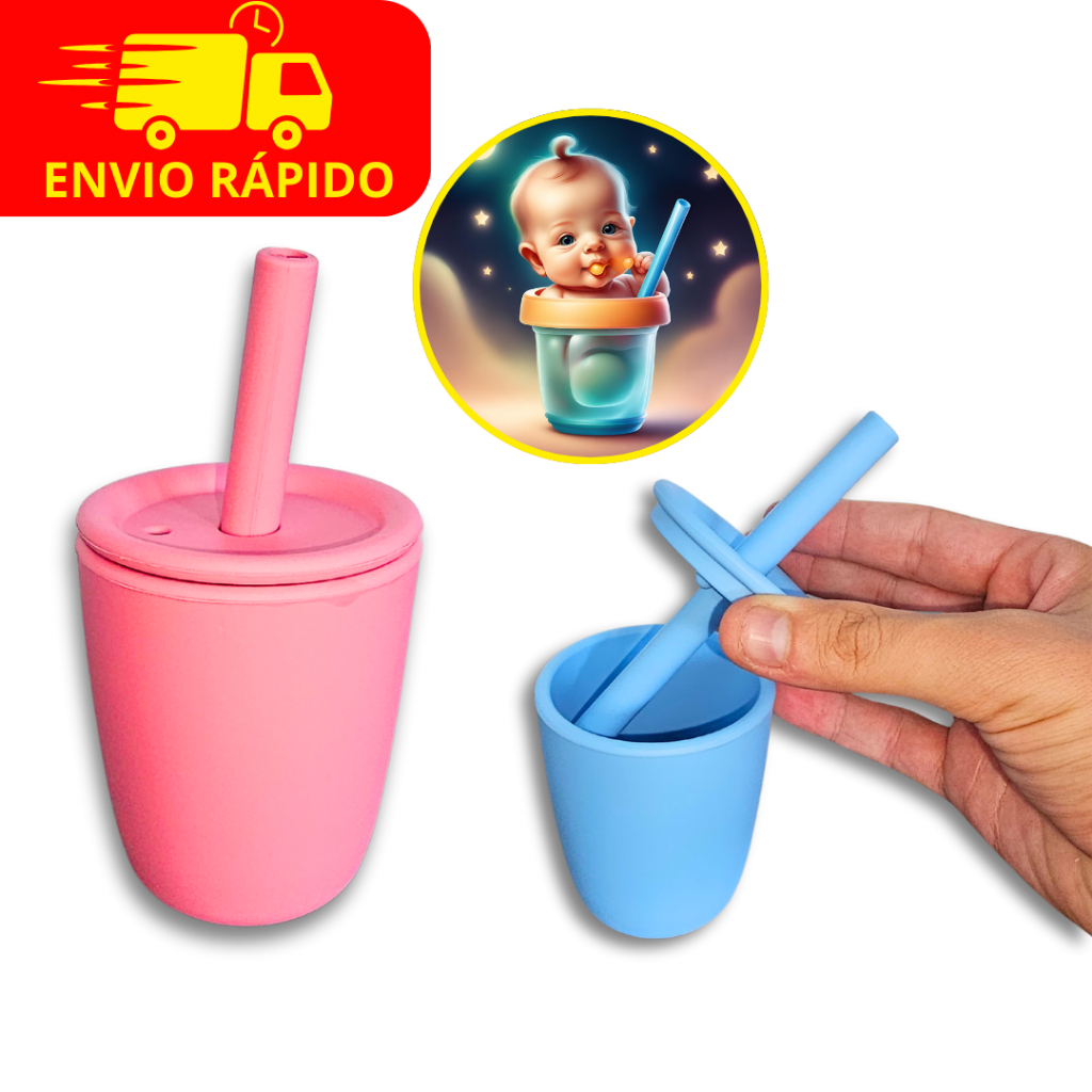 Copo Infantil Com Canudo Anti-Vazamento de Silicone Premium Para Treinamento e Introdução Alimentar em Oferta na Shopee