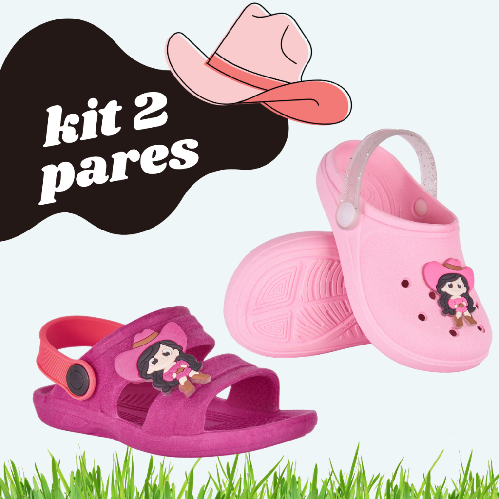Kit 2 Pares Sandália Papete + Babuche Infantil Menina Casual com Enfeite Boiadeira Super Macio Leve Confortável