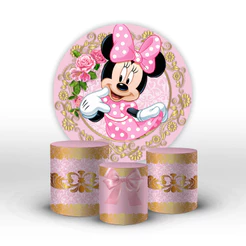 Kit Painel E Trio De Cilindro Minnie Rosa Tecido Sublimado C/elástico