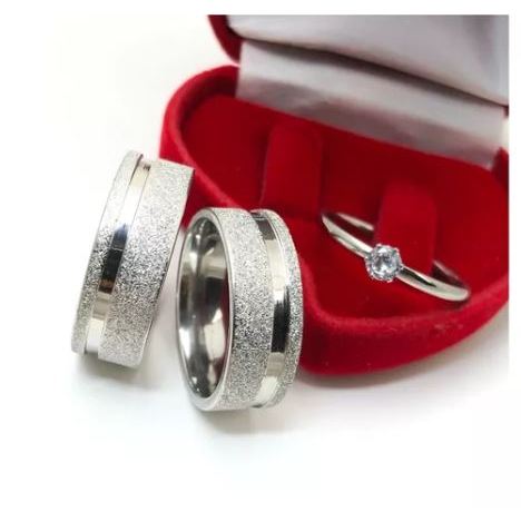 Anel Aliança Par namoro compromisso Diamantada 8mm banhado prata 925 friso + Anel Solitário +Caixinha  COD-52