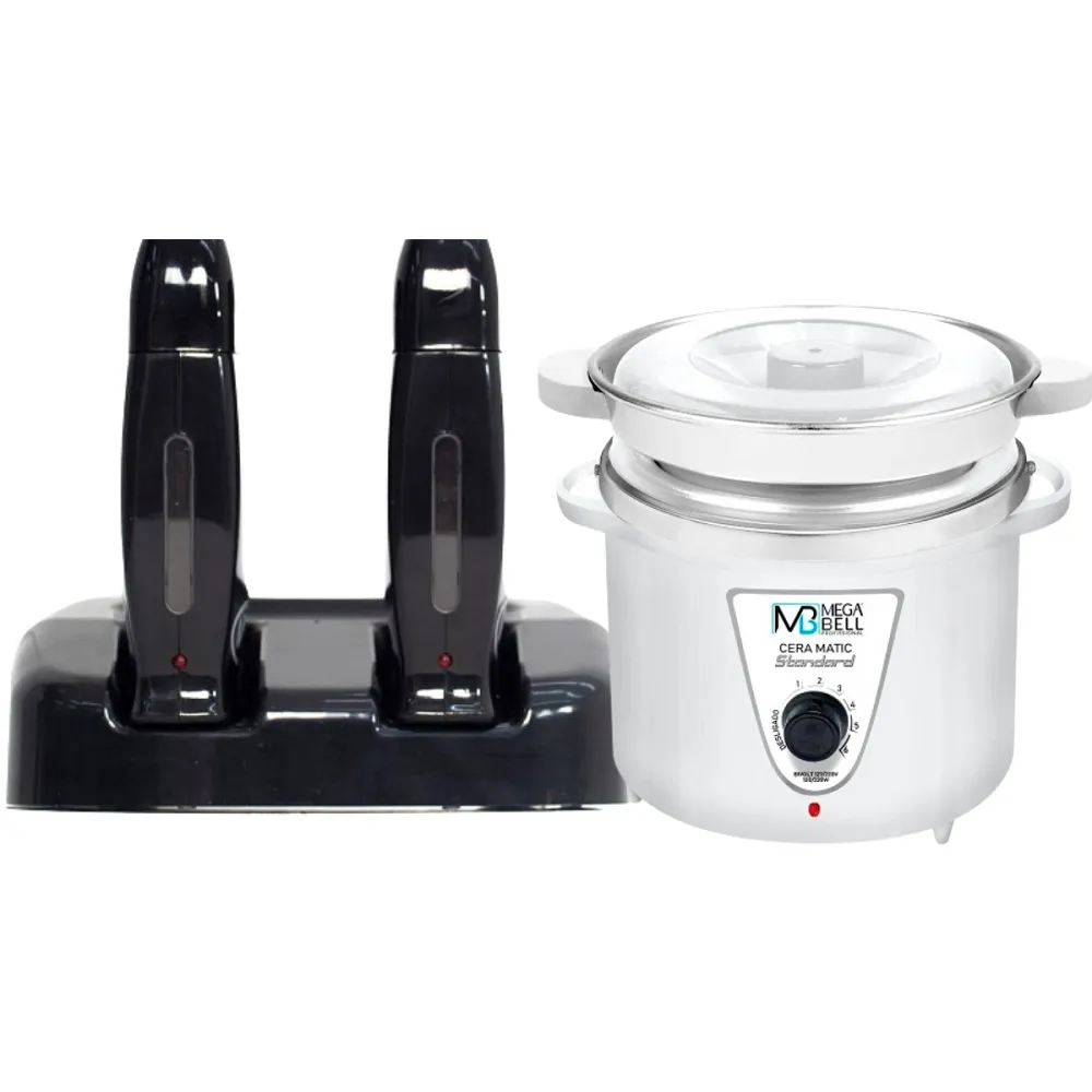 Termocera Panela Depilação 900g c/ Refil Toda Branca + Base Dupla c/ 2 Rollon Preta Mega Bell