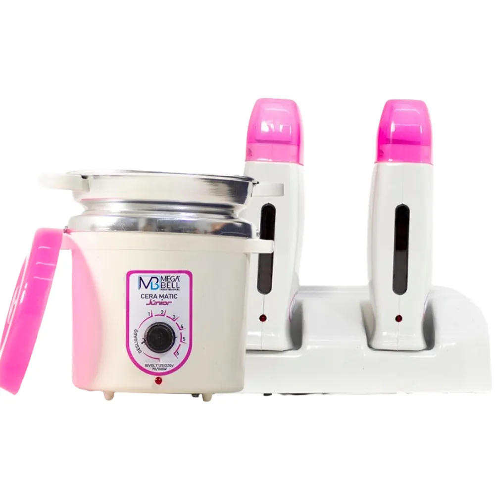 Termocera Panela Depilação 400g Branca e Rosa c/ Refil + Base Dupla 2 Rollon Branco e Rosa Mega Bell