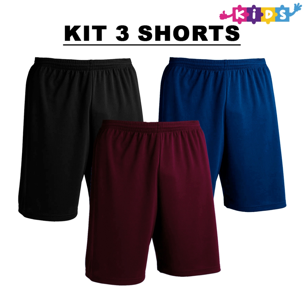 Kit com 3 Bermudas Preto + Marinho + Cores Infantil Shorts Calção Dry Poliéster Liso em Oferta na Shopee