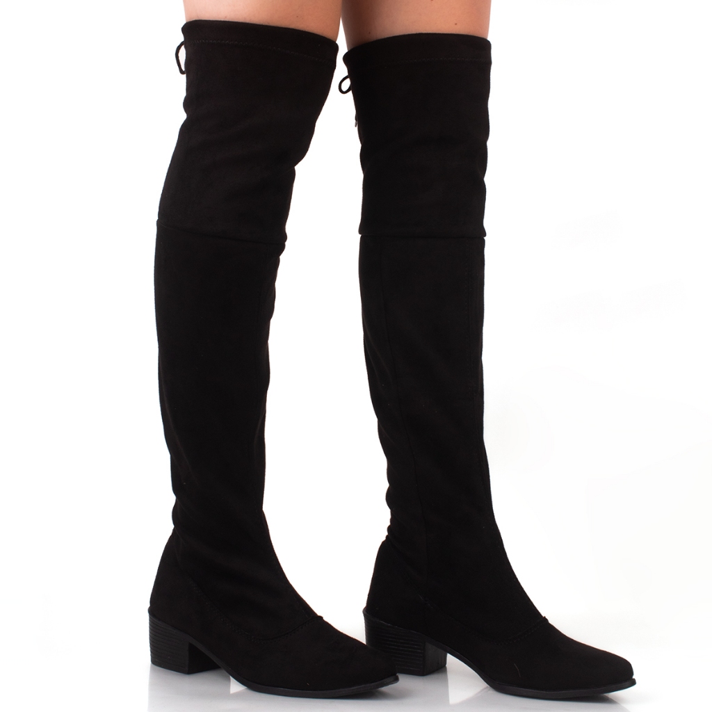 Bota Over Feminina Salto Baixo Grosso Bloco Cano Longo Alto Joelho Camurça Stretch Preto