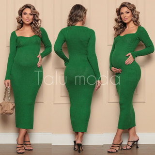 Vestido Tricot Gestante Até 8 Meses Decote Coração Manga Longa E Mídi Tricot 253 em Oferta na Shopee