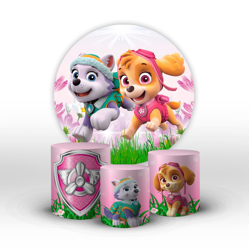 Kit Painel E Trio De Cilindro Patrulha Canina Rosa Tecido Sublimado C/elástico