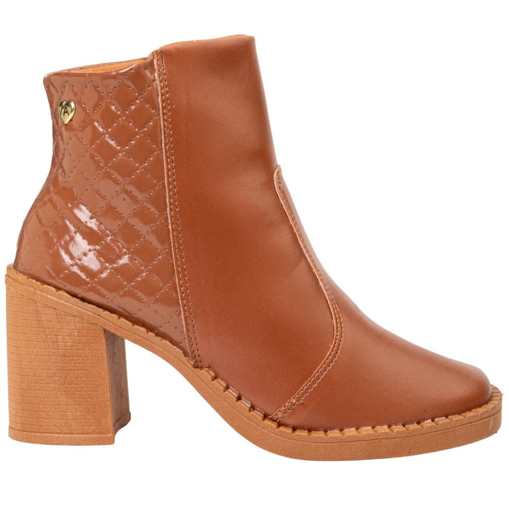 Bota Feminina Salto Grosso Ankle Boot Coturno Bico Quadrado Zíper Coutry Boiadera Caramelo Preto 80