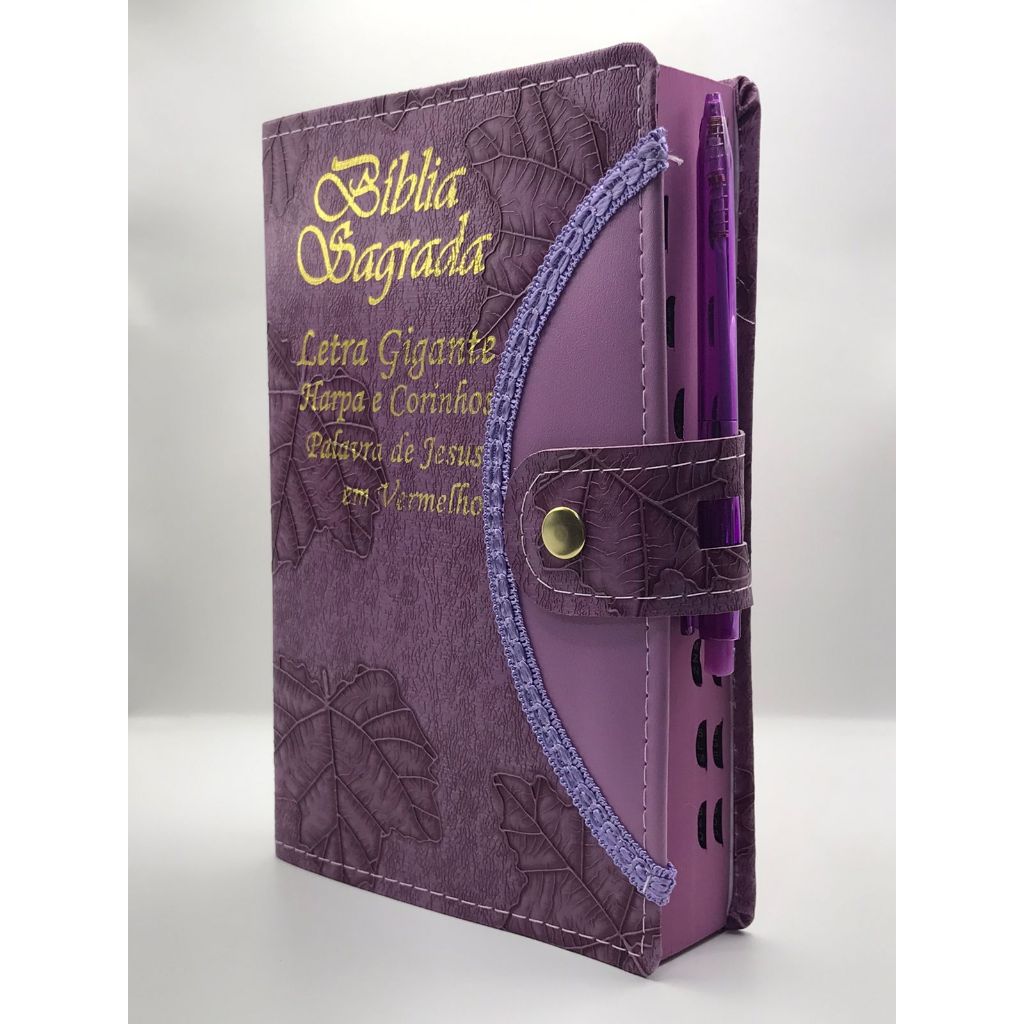Bíblia Sagrada Tamanho Grande Com Harpa Palavras de Jesus em Vermelho Botão Capa Folha Lilas em Oferta na Shopee