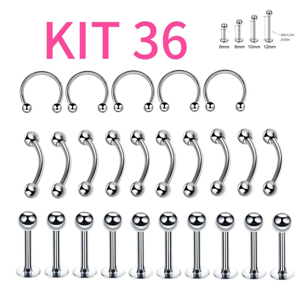 Kit 36 Piercings / Piercing ferradura, Septo, labret microbell curvo em aço inoxidavel (3cartelas) em Oferta na Shopee