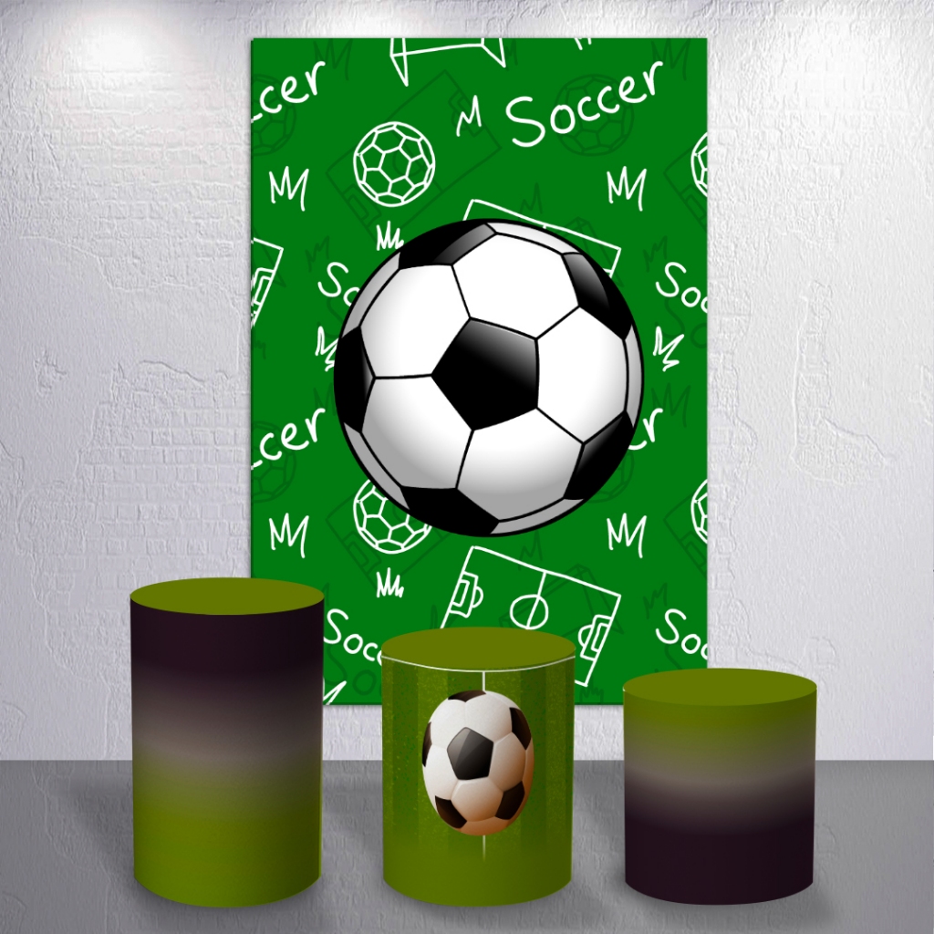 Capas Sublimadas Painel Festa Bola Futebol Meninos Campo Trio Cilindro Redondo Retângulo Decoração

