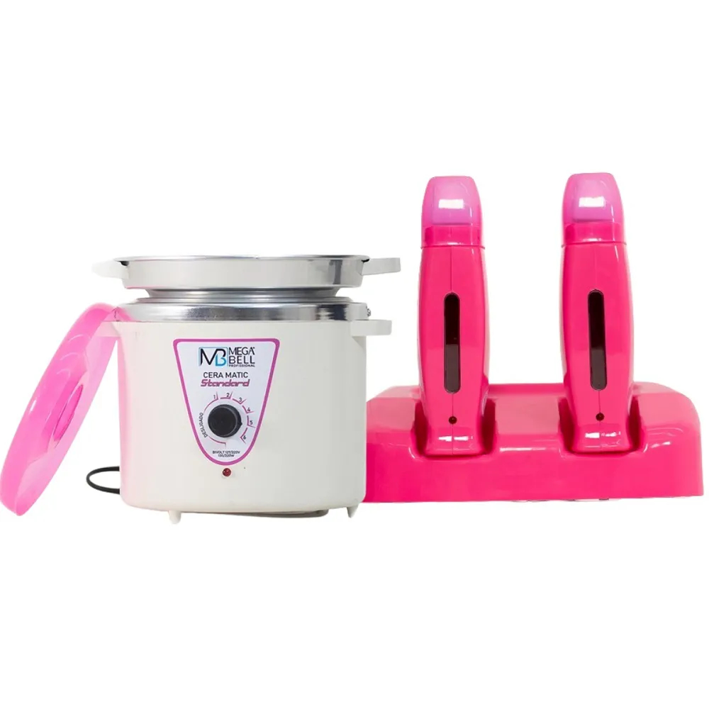 Termocera Panela Depilação 900g c/ Refil Branca e Rosa + Base Dupla c/ 2 Rollon Toda Rosa Mega Bell