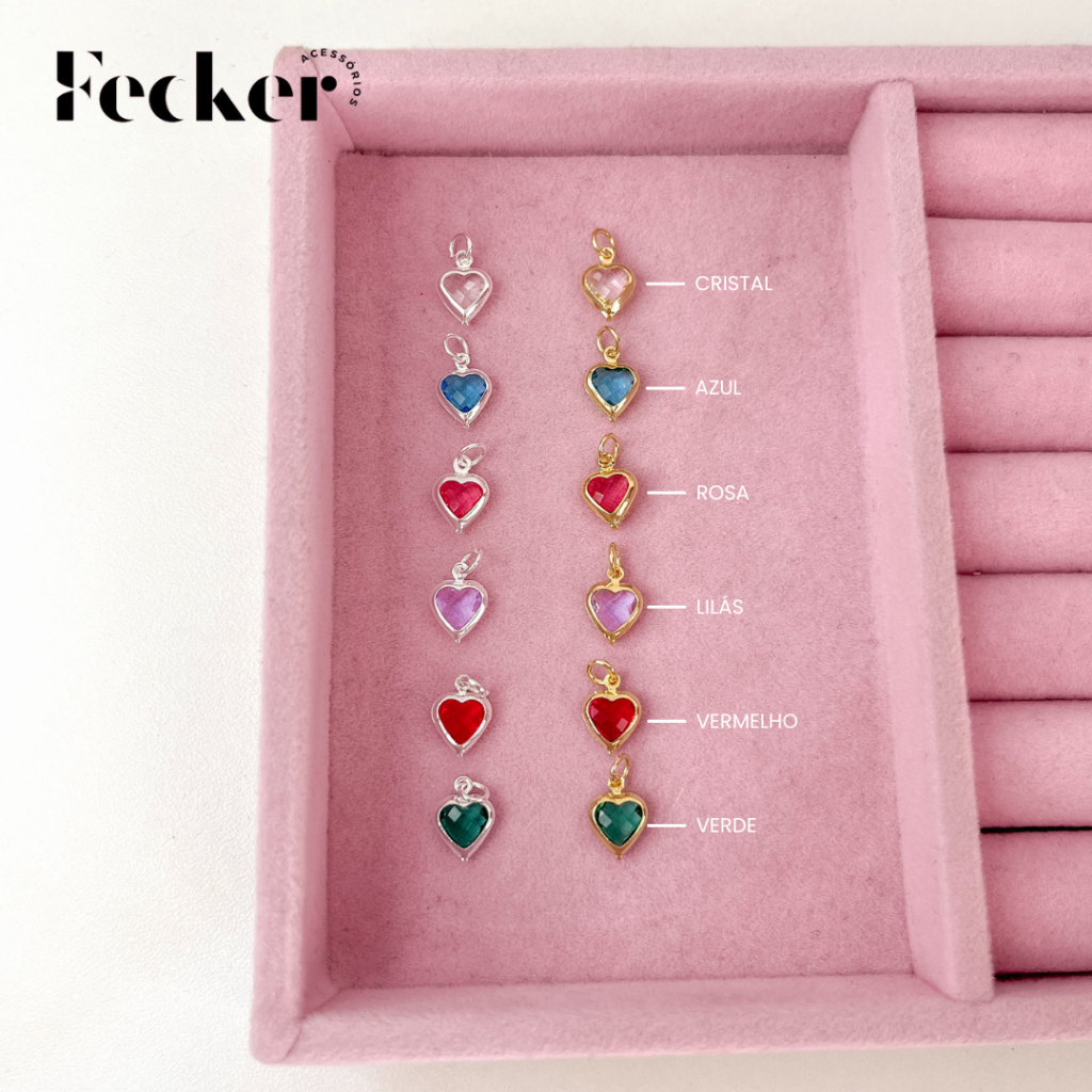 Pingente Ponto de Luz Coração Diversas Cores Banhado a Prata 925 ou Ouro