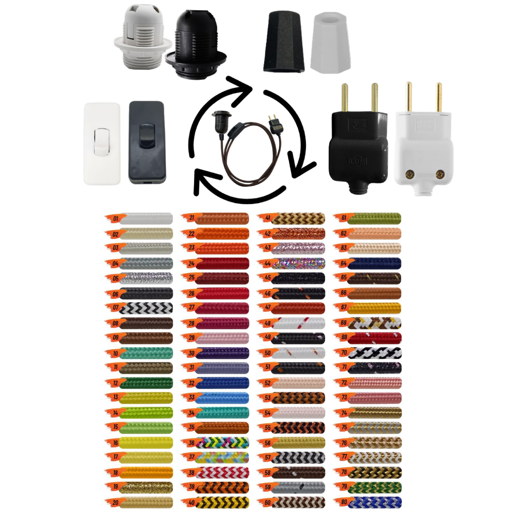 Kit Rabicho Cabo PP Tecido Colorido 1,50m + Interruptor + Plug Macho + Soquete Rosca Inteira