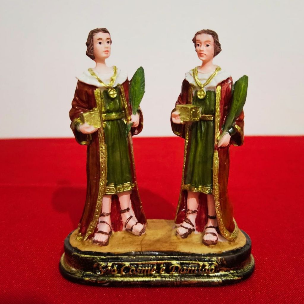 Imagem de São Cosme e Damião de Resina - 9 cm Imagem Católica Estatueta para Decoração