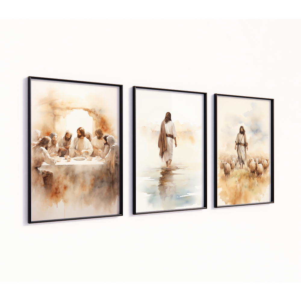 Kit 3 Quadros Decorativos com Moldura Jesus A Última Ceia Andando Sobre as Águas Pastor de Ovelhas Arte Modena A4