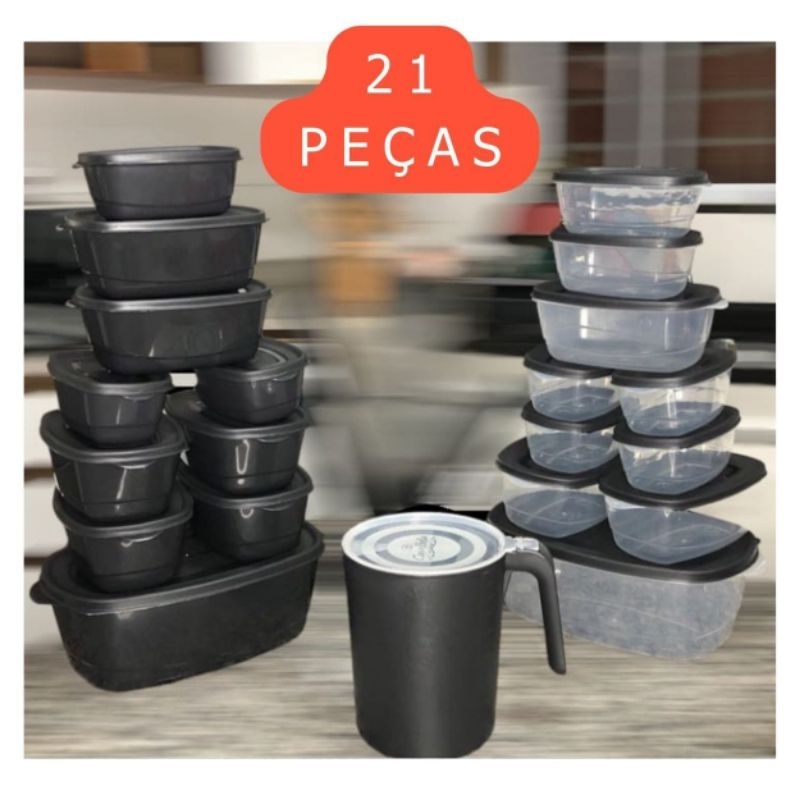 Pote de plástico Kit 11 Ou 21 peças Vasilhas Com Tampa Tapuer Depósito para Alimentos