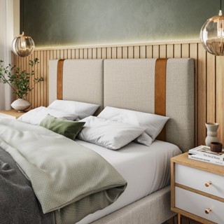Cabeceira De Cama Ártemis QUEEM 1,60x0,55 Linho Bege e Couro Sintético Caramelo