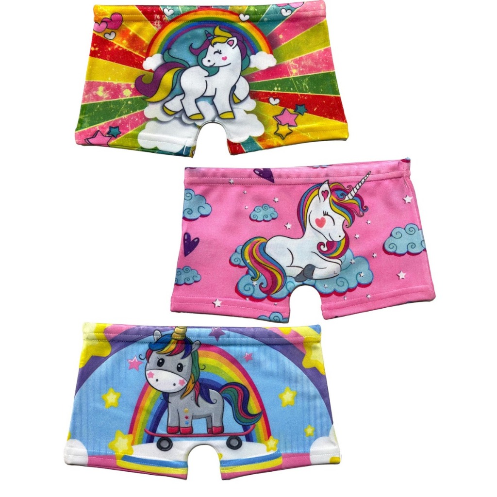 Kit 3 Calcinhas Box Infantil Menina Estampada Unicórnio Com Elástico Embutido